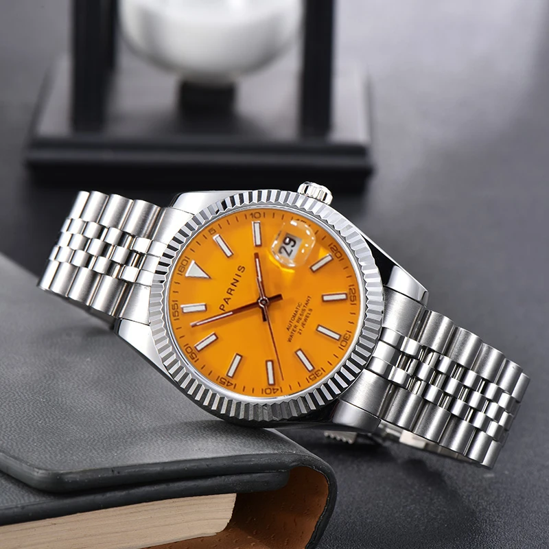 Kaufen Neue Parnis 39,5mm Top Luxus Männer Uhren Orange Zifferblatt Kalender Miyota 8215 Automatische Mechanische Bewegung Herren Armbanduhr