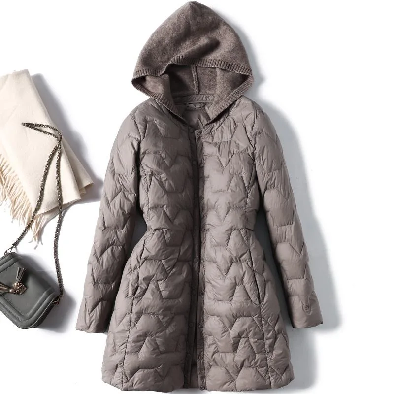 

2021 lightweight and soft down jacket women's mid-length knitted stitching hooded new temperament warm winter clothes