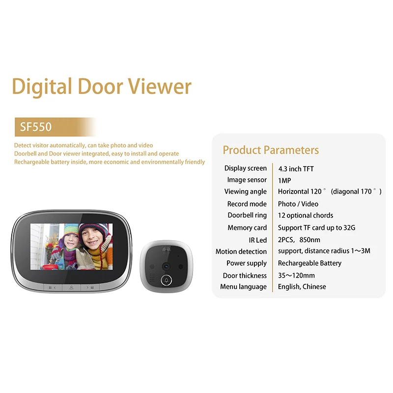 

Intelligent Electronic Cat Eye Doorbell Household Visual Anti-Theft Wireless Doorbell Black
