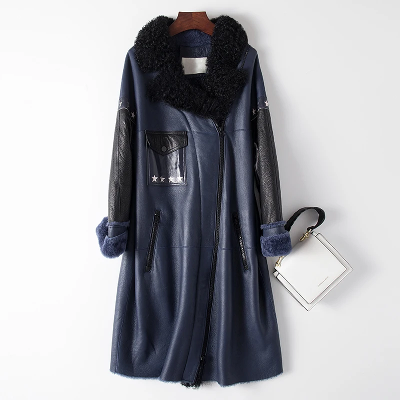 2019 толстое теплое пальто из натуральной овчины с отложным воротником и карманами