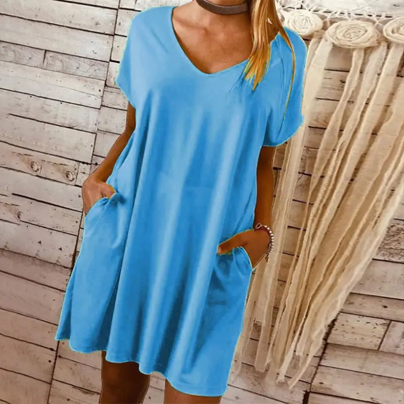 

Ladies Womens Casual Plain V Neck Loose Pockets Long Top Mini Dress Plus Size BX0A