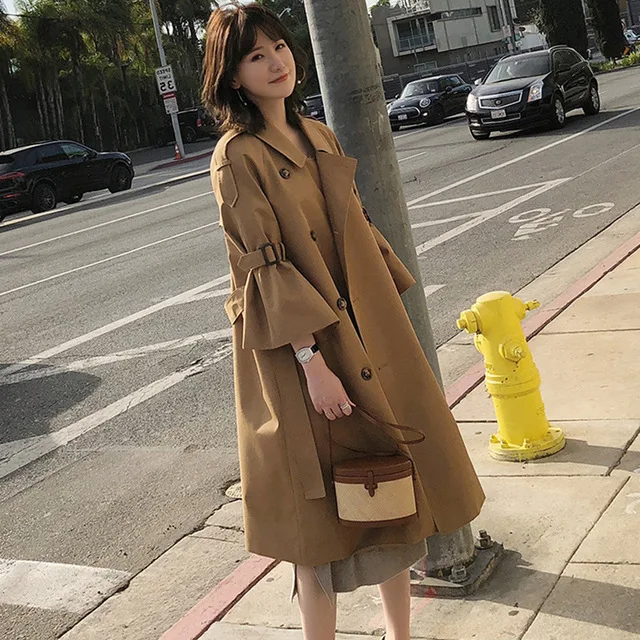 Women Fashion Casual Solid Color Double Breasted Outwear Office Ladies Coat Chic Korean Style Design Long Trench Female | Женская одежда
