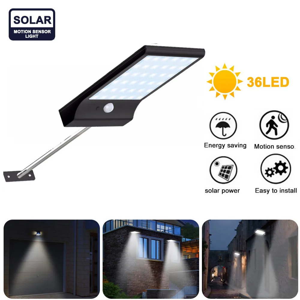 

3.7V/2200mAh 36 LED Solar Wall Light Outdoor With PIR Motion Sensor 3 Modes Waterproof IP65 For Path Garage Garden Street Lamp