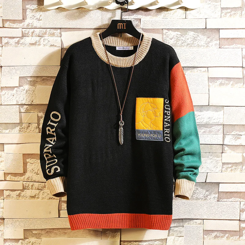 

2021 New Sweaters Men'S Black Patchwork Long Sleeves Autumn Winter Pullover Knitted O-Neck Plus OverSize 5XL