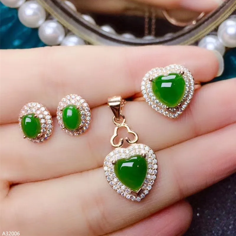 

925 sterling silver natural jasper gemstone girl pendant earring ring 3 piece suit heart new fashion support detection