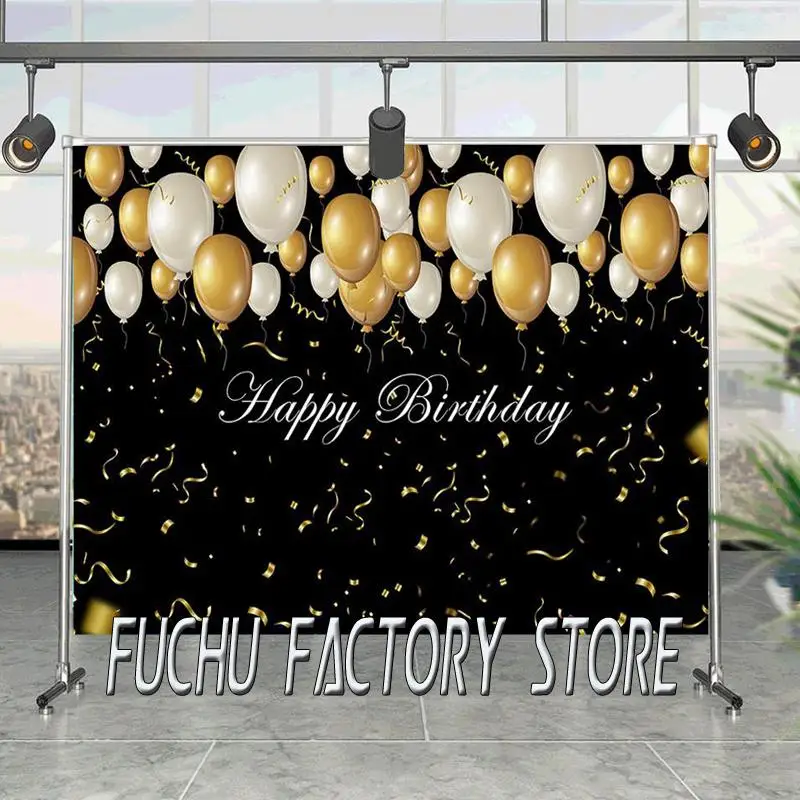 

Happy Birthday Backdrop For Photography Gold Balloons Black Birthday Background For Photo Studio Photocall Vinyl