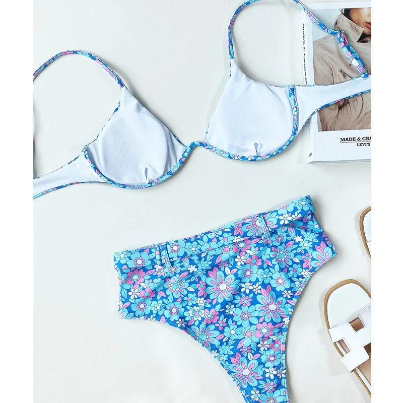 Купальный костюм MYTENG женский с цветочным принтом бикини высокой талией