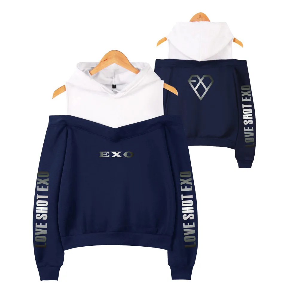 

Kpop EXO Women Hoodies Off-shoulder Sweatshirt 2020 Harajuku Style Fashion Sweatshirts Girl Sexy Pullovers Casual Hooded