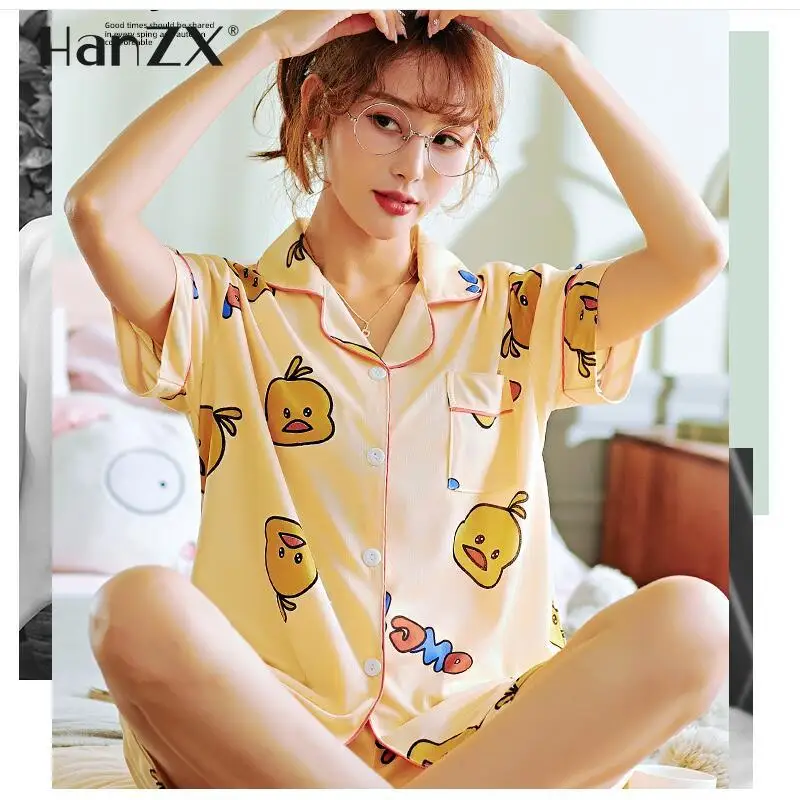 

Korea Fashion Pajama Sets Women Casual Turn-down Collar Short Sleeve Sleepwear Printed Summer Pyjama Shorts Female Homewear