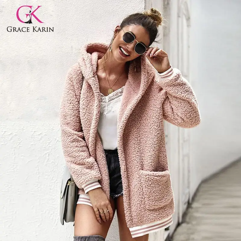 Grace Karin Осень Зима теплые флисовые куртки для женщин с длинным рукавом плюшевый