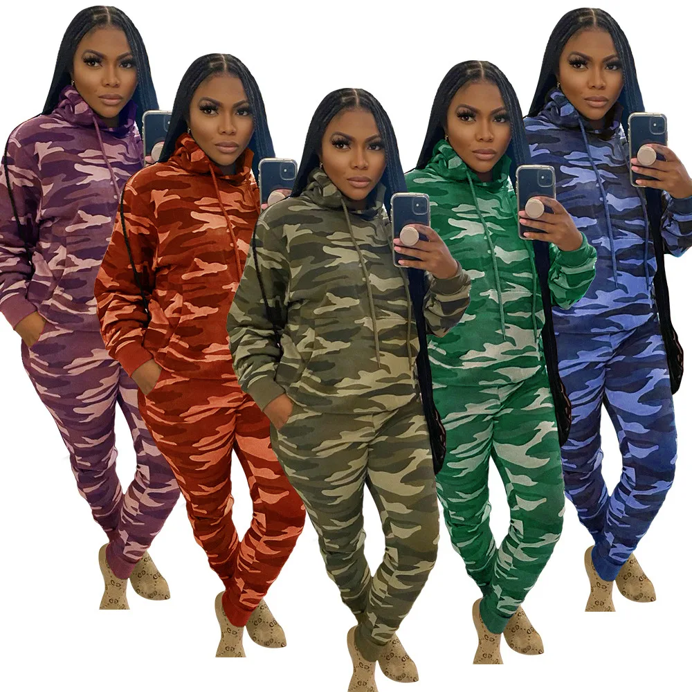 

Globle Autumn Two Piece Sets Camouflage Print Tracksuits for Women Casual Basic Hoodies Elastic Pant Suit Wholesale Dropshipping