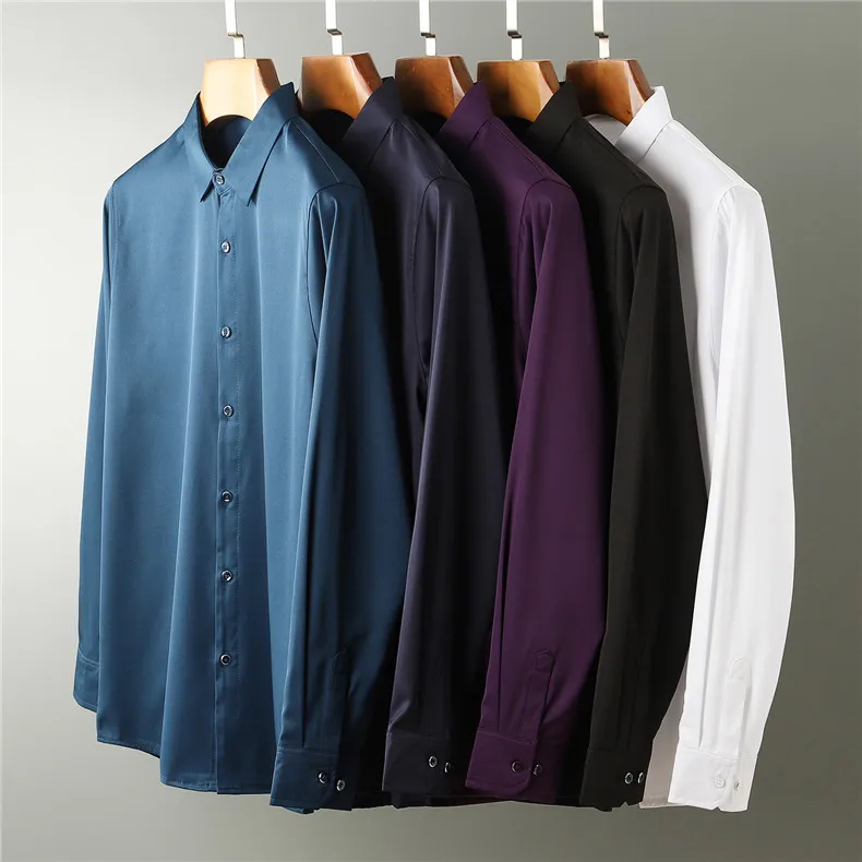 Autumn Long Sleeve Casual Business Boys Silk Shirt Slim Fit Thin Social Men Purple Shirt Male Formal Oversized Button Shirt Top