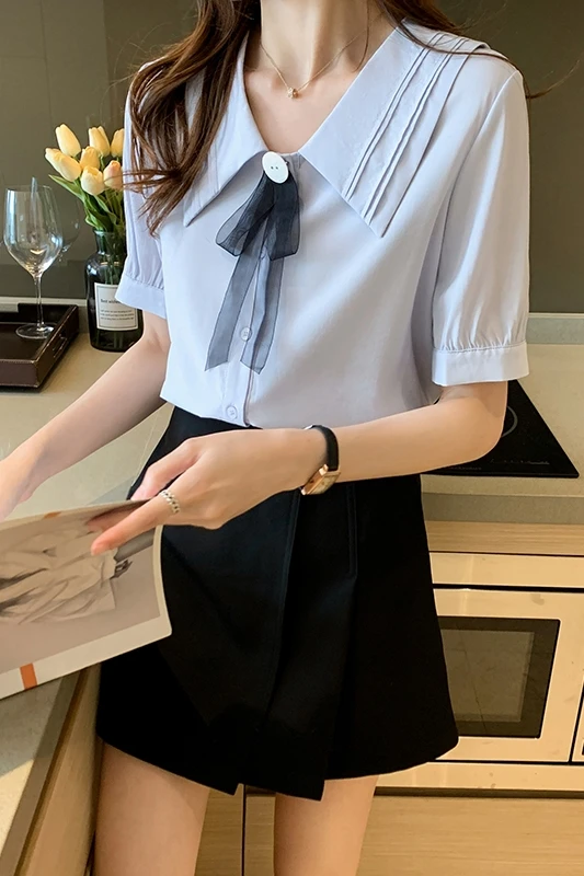 

COIGARSAM Preppy Style Short Sleeve Shirt Womens tops New Summer Women shirts Light Blue 6053