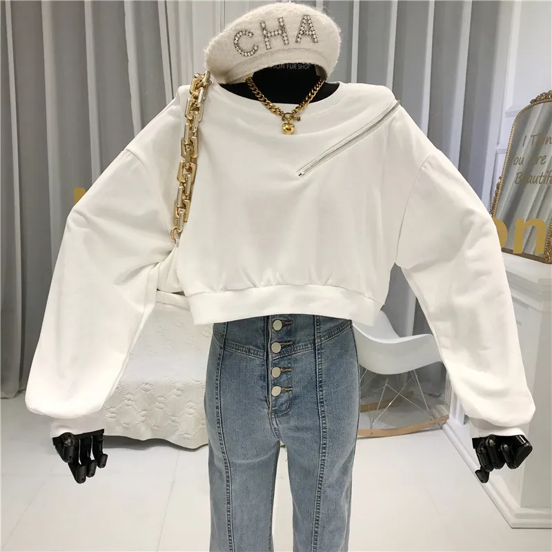 

Fashion Short Tops Women's 2020 Autumn New Korean-Style Zipper Loose Long-Sleeved Korean Hoodie Women Sweatshirt white