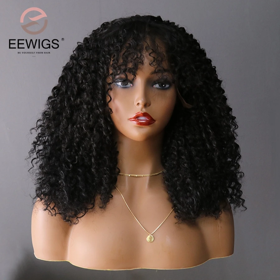 EEWIGS, высокотемпературный афро кудрявый парик с челкой, короткие синтетические парики на кружеве для женщин, бесклеевой натуральный парик