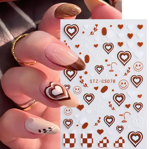 Наклейки для ногтей с изображением кофе, цветов, сердца, коричневое абстрактное лицо, улыбка, листья, шахматная доска, слайдер, французский 3D...