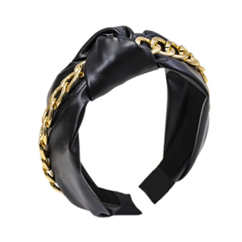 Металлическая цепь обмотки PU повязка для волос женщин Новые однотонные