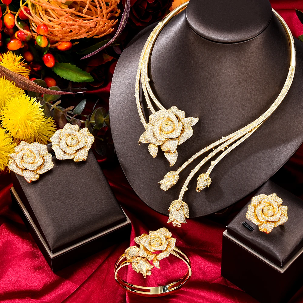 

Siscathy Fashion Arab Bridal Wedding Jewelry Sets For Women Luxury Beautiful Rose Flower Zircon Bangle Earring Necklace Bijoux