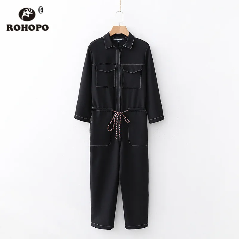 ROHOPO длинный рукав Откройте для себя нить черный комбинезон карго топ на молнии с