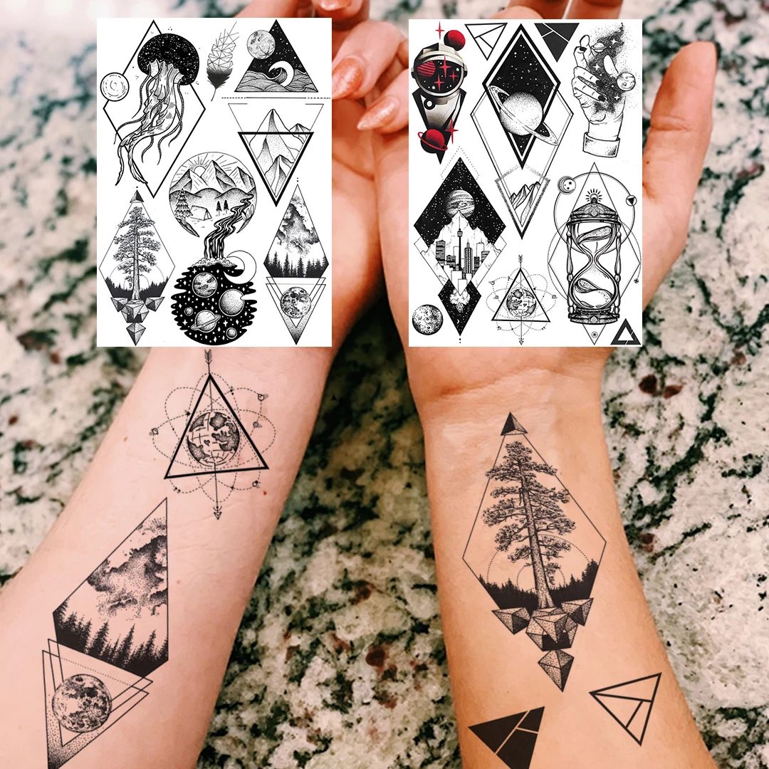 

Triangle Planets Jellyfish Mountain Tattoos Temporary For Men Women Kids Fake Black Tatoos Realistic Waterproof Galaxy Tatoo DIY