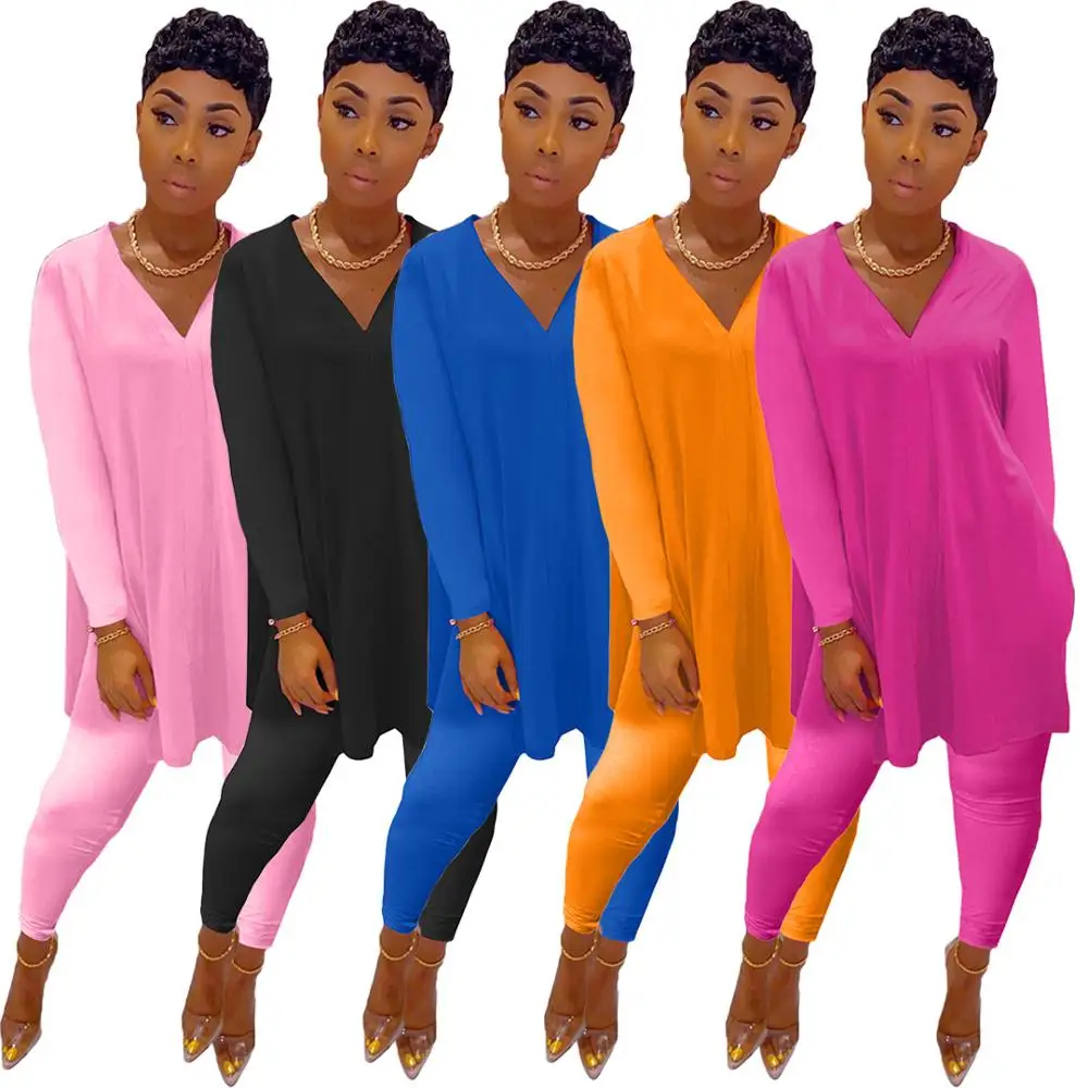 

New fashion loose solid color casual women's suit autumn V-Neck long sleeve T-shirt and trousers