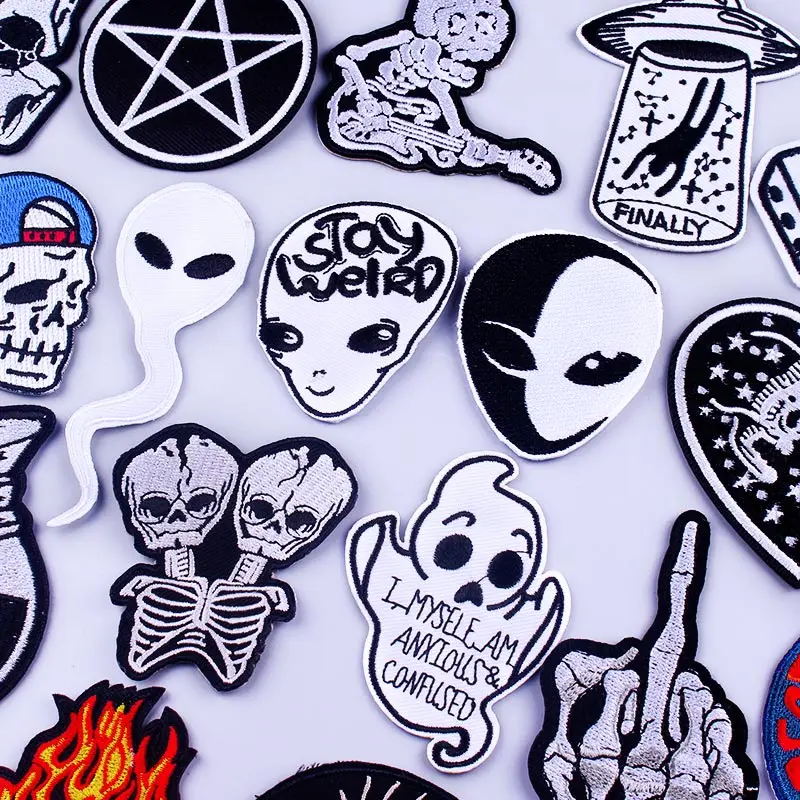 

Black and White Skull Embroidery Patches For Clothing DIY Iron On Patches On Clothes Punk Rock Skeleton Hand Patch Custom Patch
