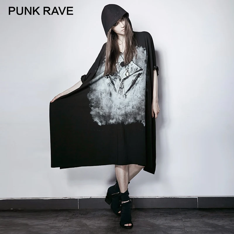 Панк РЕЙВ панк черная кость призрак шаблоны для маникюра платья рок рукав
