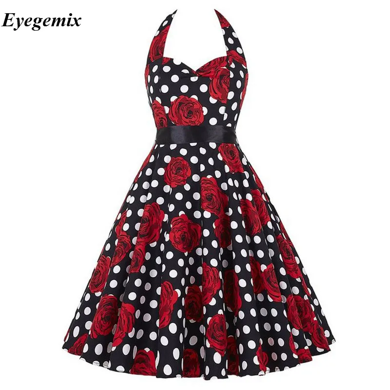 Женское винтажное платье ретро в горошек черное с цветочным принтом лямкой на