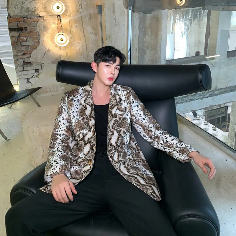 Мужской винтажный кожаный блейзер со змеиным принтом на осень/зиму|Пиджаки| |