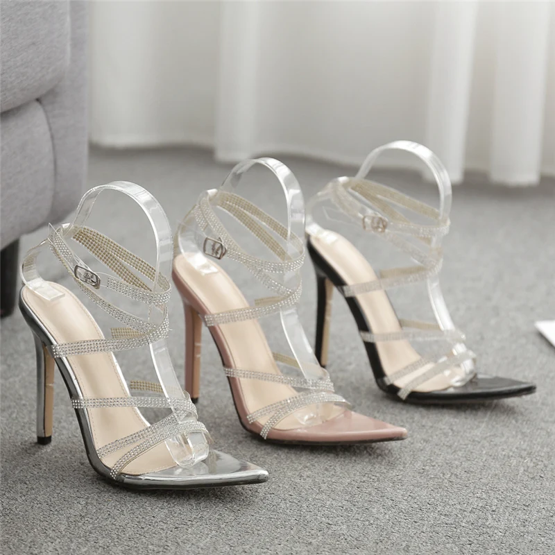 Женские блестящие сандалии на высоком каблуке 12 см с перекрестным носком