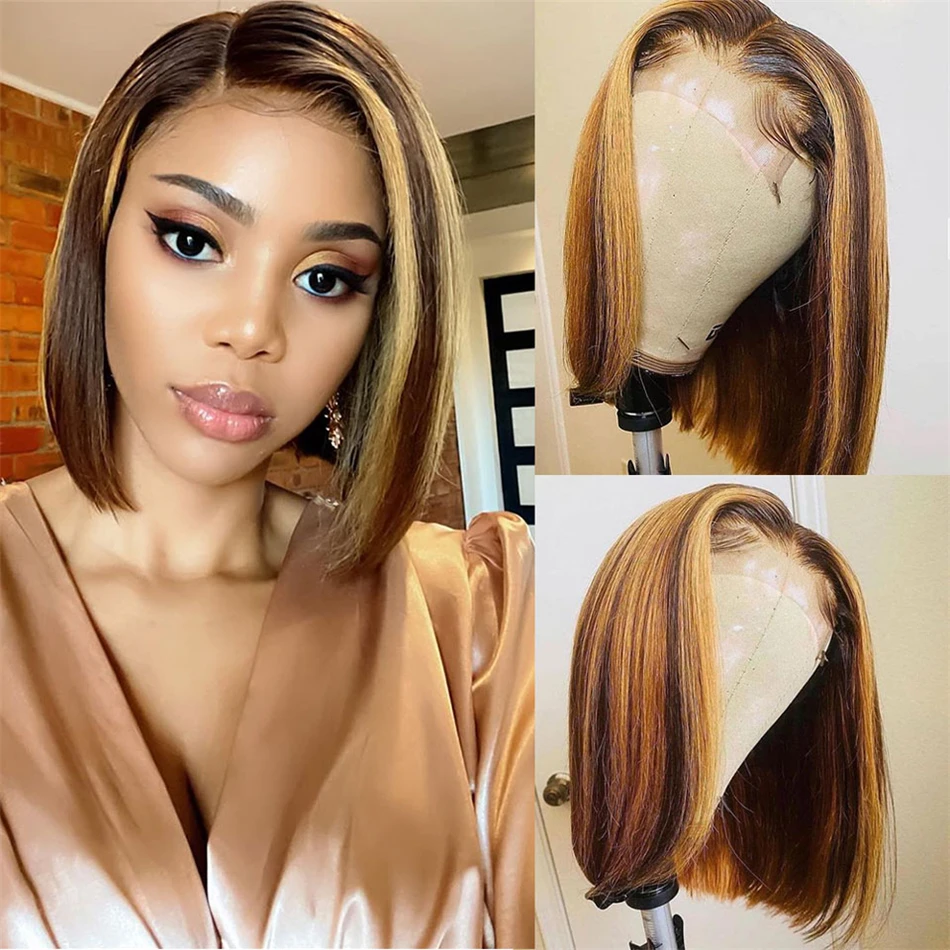 

13X4 Highlight Lace Front Wig Bone Straight Human Hair Wigs Honey Blonde Brown 150% Ombre Highlight Bob 4x4 Lace Closure Wig