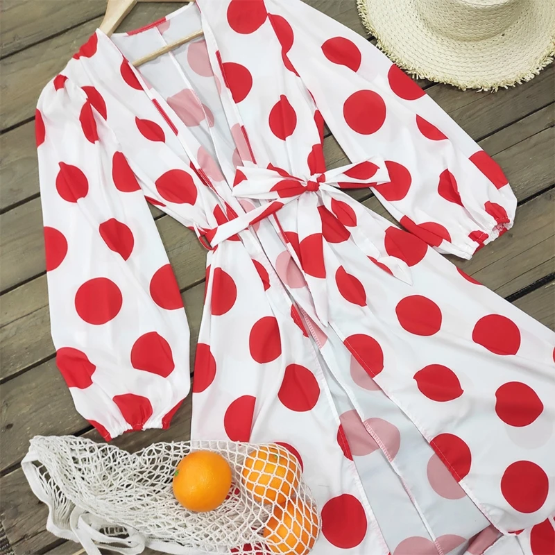 

Women Puff Long Sleeve Chiffon Kimono Cardigan Summer Bikini Swimsuit Cover Up Vintage Red Big Polka Dot Print Belted Beach