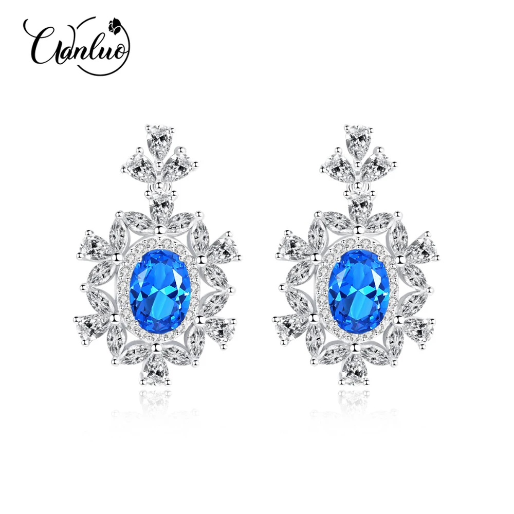 

WANLUO Luxury High Quality Big Sapphire Brilliant Drop Earring for Women 2 Colors Oval Topaz Wedding Earrings Silver 925 Jewelry