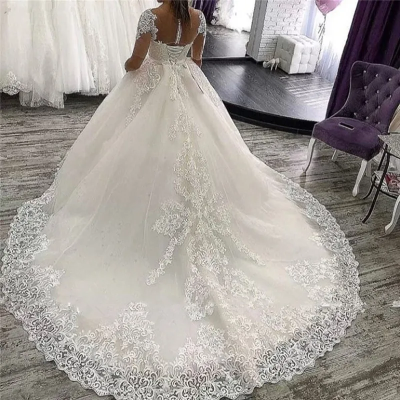 

A Line O Neck Wedding Dresses Half Sleeve 2021 Lace Applique Vestido De Noiva Custom Made Sashes Bridal Dress With Train