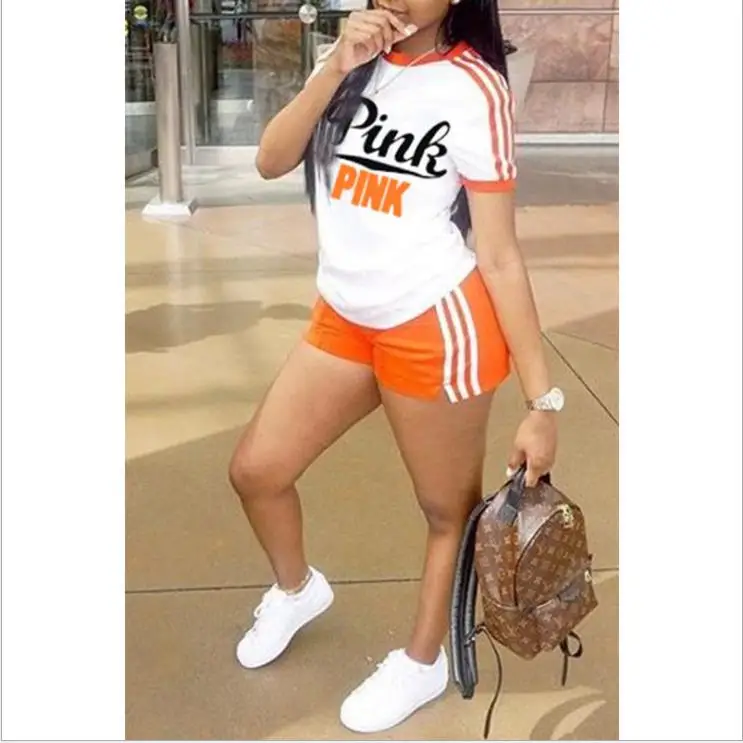 

2020 Pink letter print 2 piece set tracksuit women plus size top and pants casual outfit sweat suits two piece sweatshirt