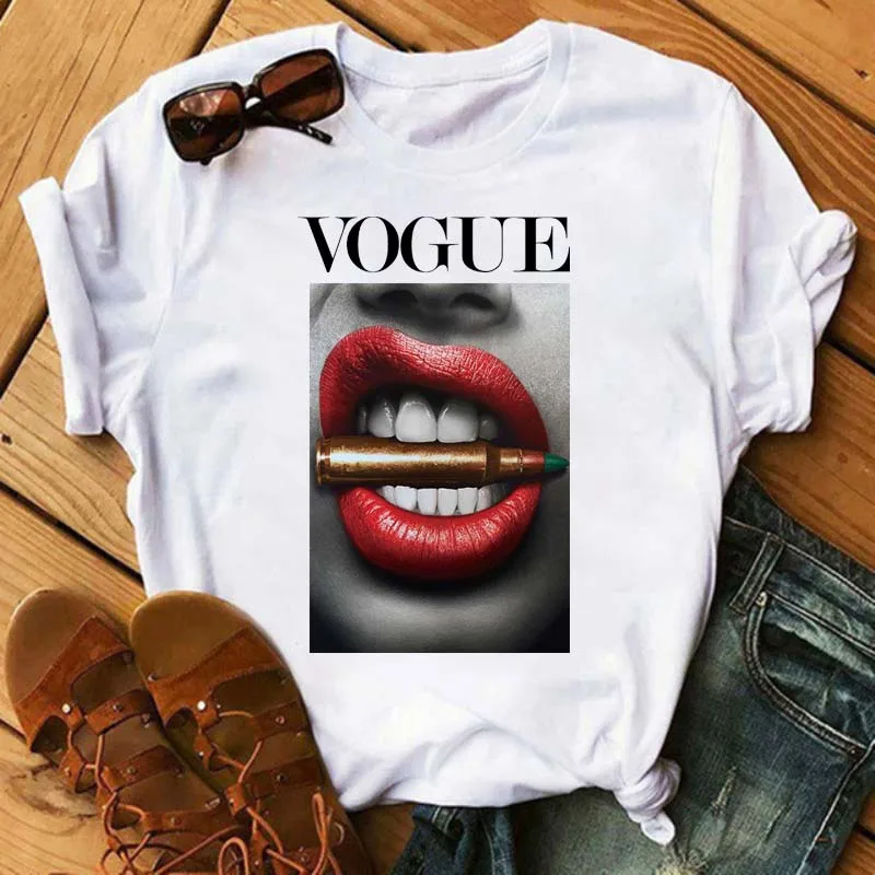 

Women Vogue Summer Short Sleeves Tops Tee Tumblr Streetwear Loose Plus Size Female Clothes Maycaur Sexy Lips Printed T Shirt