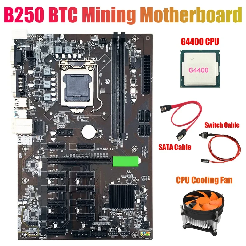 

Материнская плата для майнинга B250 BTC с процессором G4400 + охлаждающий вентилятор + кабель SATA + коммутационный кабель 12 слотов для графической к...