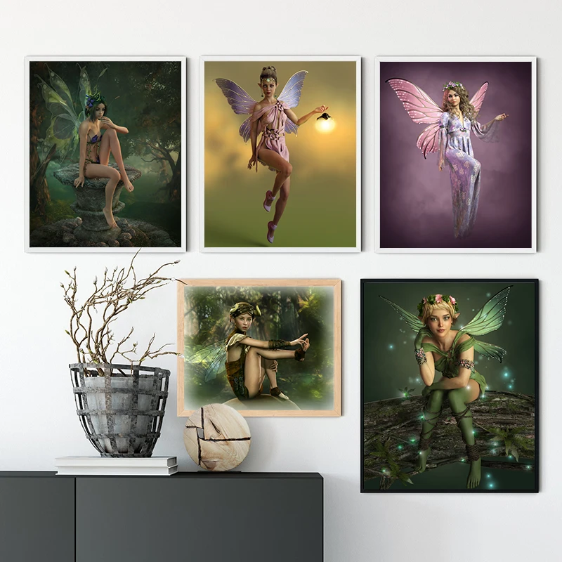 

Милая маленькая фея с крыльями бабочки, современные плакаты и принты, украшение для стен комнаты девочки, Картина на холсте, богиня, картина,...