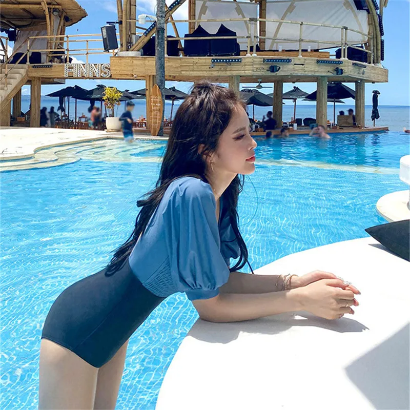 

Contrast Bow High Waist Women Monokini Puff Sleeve One Piece Suits Swimsuit Swimwear Tankini Beach Bathing Suit