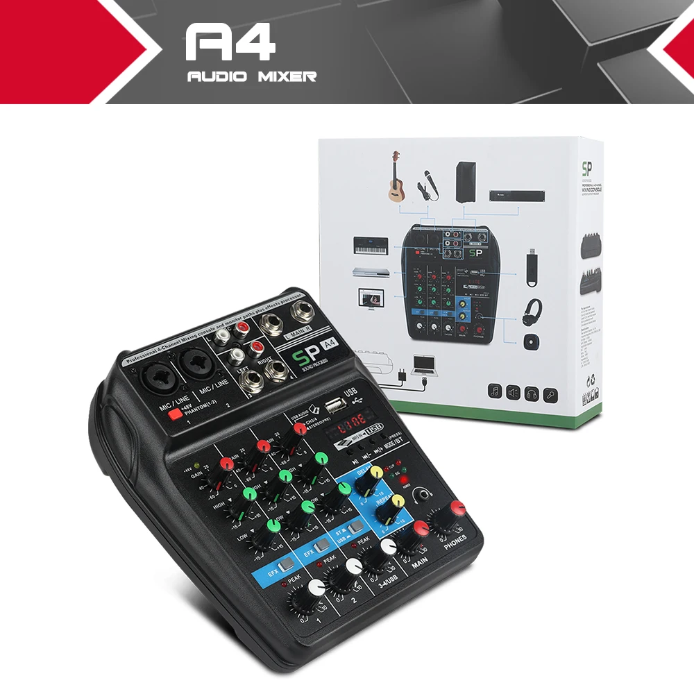 A4 4 канала аудио микшер звук микшерный пульт с Bluetooth USB Запись 48 В Phantom power Monitor Пути Плюс эффекты
