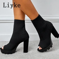 liyke fashion square high heels knitted stretch fabric ankle socks boots femme peep toe slip on platform shoes for women casual
