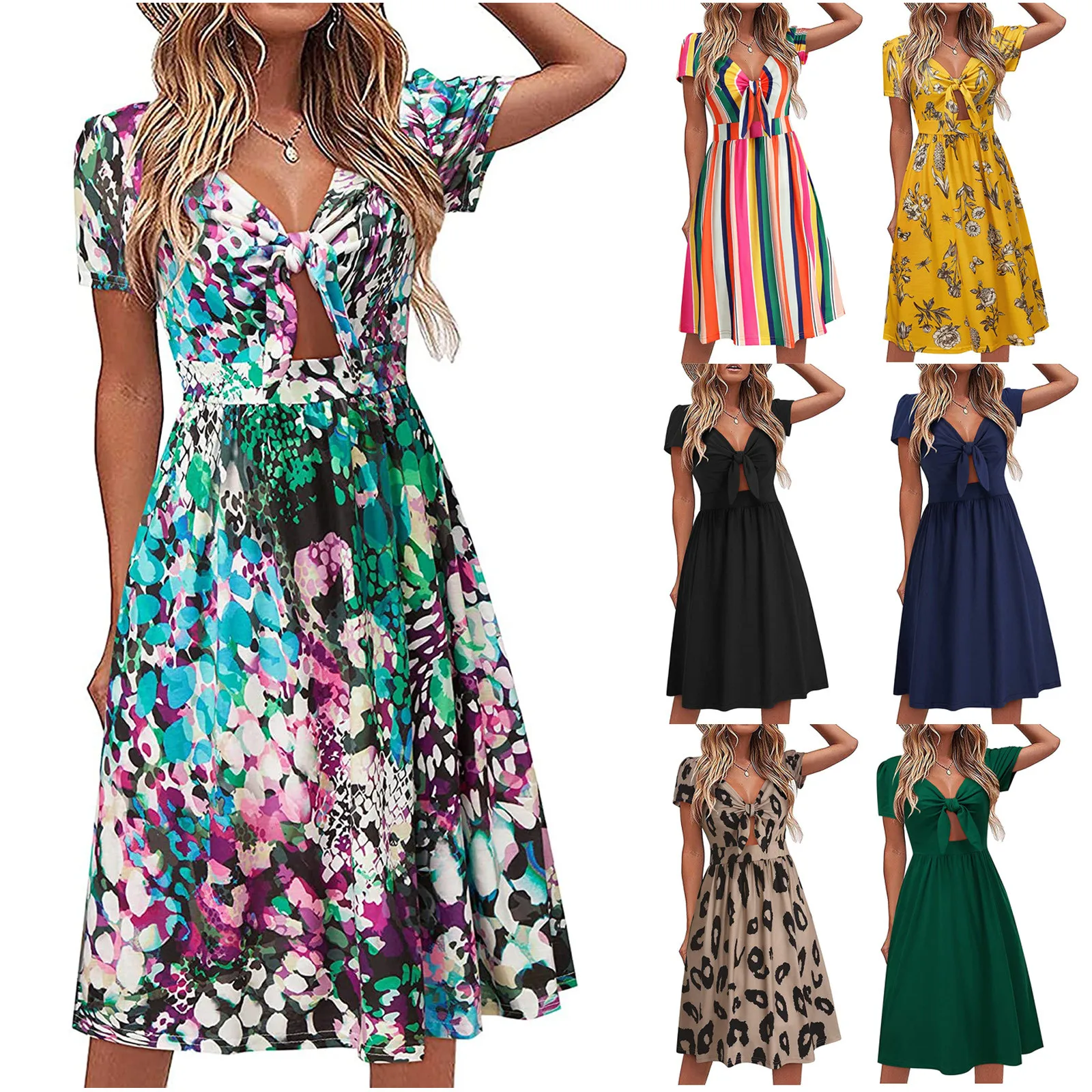 

Женское платье с коротким рукавом, модное платье с v-образным вырезом и бантиком, Бандажное платье А-силуэта, летнее сексуальное открытое де...