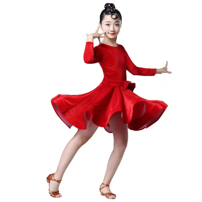 Костюм для латинских танцев девочек вельветовое платье с длинными рукавами