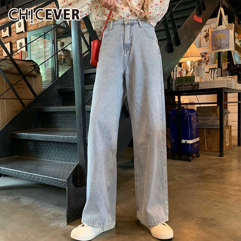 

CHICEVER Minimalist Blue Denim Women's Pant High Waist Full Length Korean Straight Wide Leg Jeans Female 2021 Autumn Fashion New