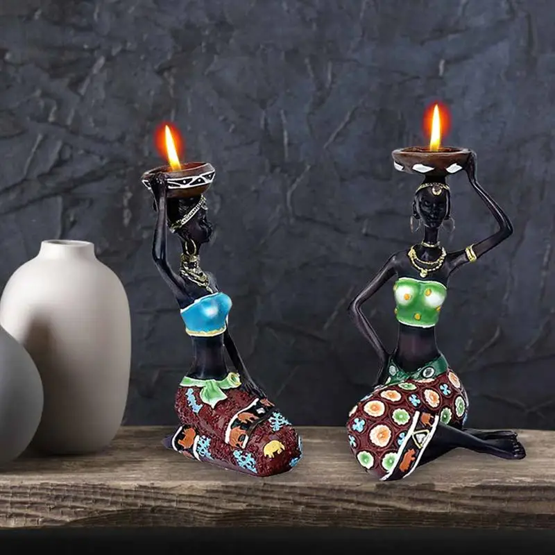 

2 Pcs/Set Black Woman Candlestick European Style Decoration Lady Statuette for Interior Sculptures Home Desktop Decor Loft