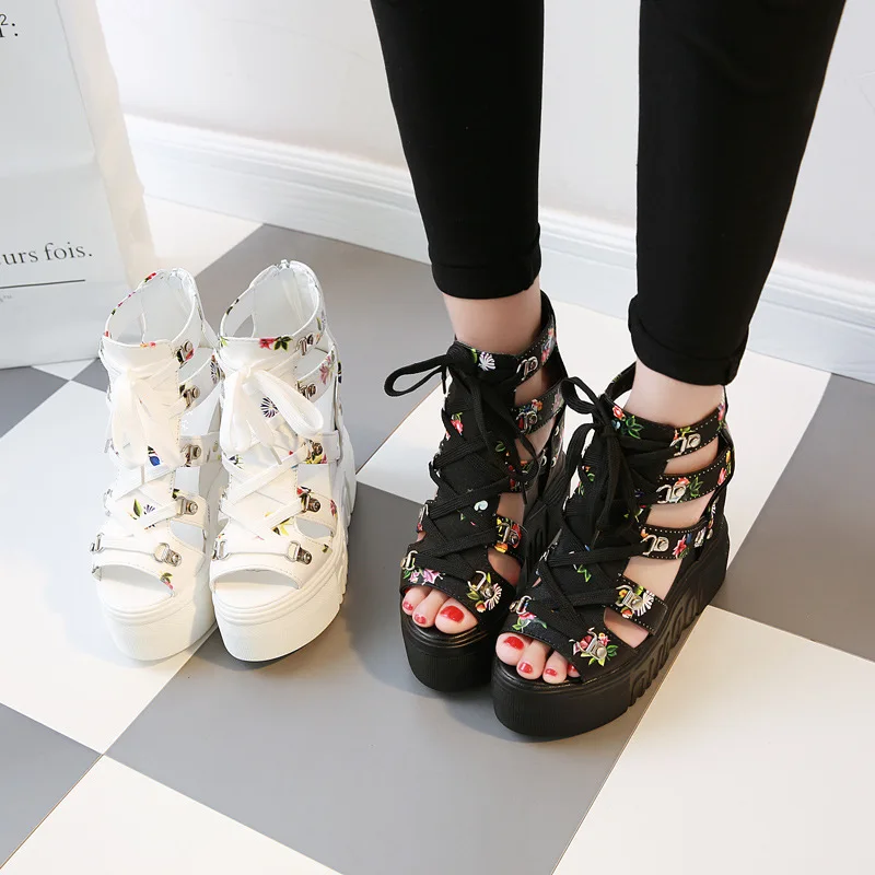 

2020 Summer New Leisure Print Roman Sandals High-heeled Mixed Color Cross-strap Women's Shoes 12cm High-heeled Wedge Sandals