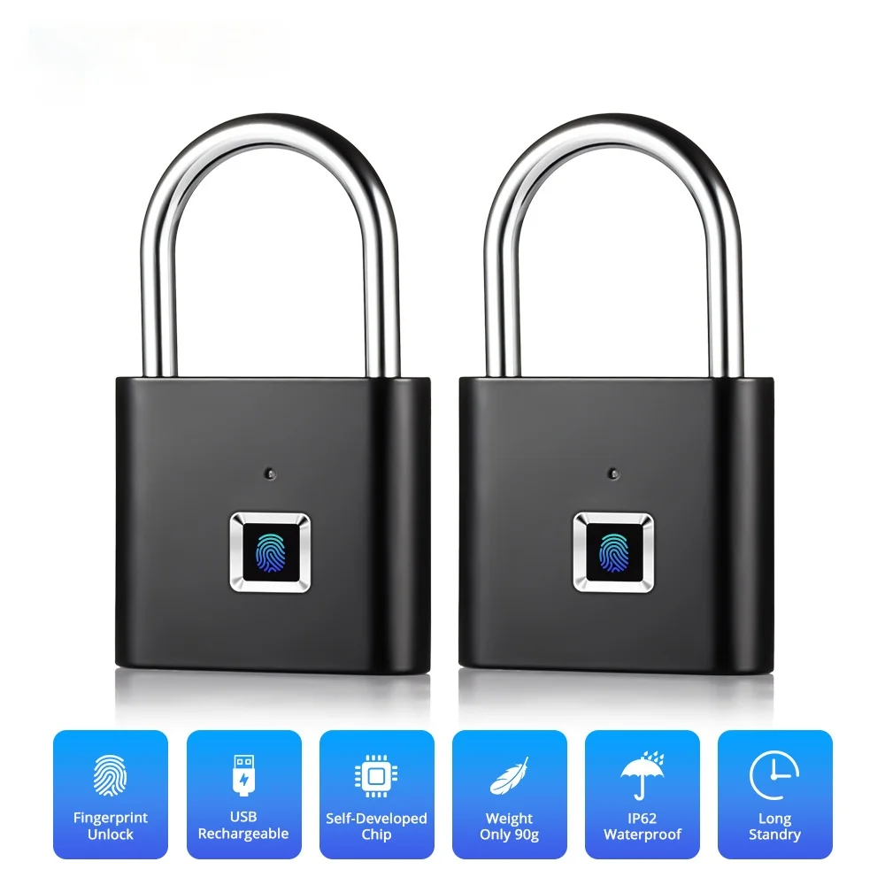 

Towode 1/2Pcs Keyless USB Rechargeable Door Lock Fingerprint Smart Padlock Quick Unlock Zinc alloy Metal Self Developing Chip