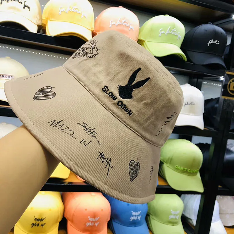 

Black White Embroidery Rabbit Pattern Bucket Hat Women Summer Uv Protection Cap Outdoor Beach Fisherman Hats Hip Hop Panama Caps