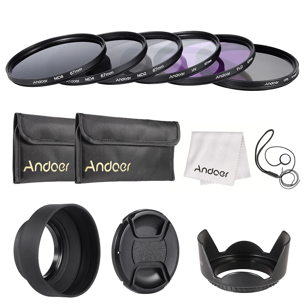 Комплект фильтров для объектива Andoer 67 мм UV + CPL FLD ND(ND2 ND4 ND8) с чехлом