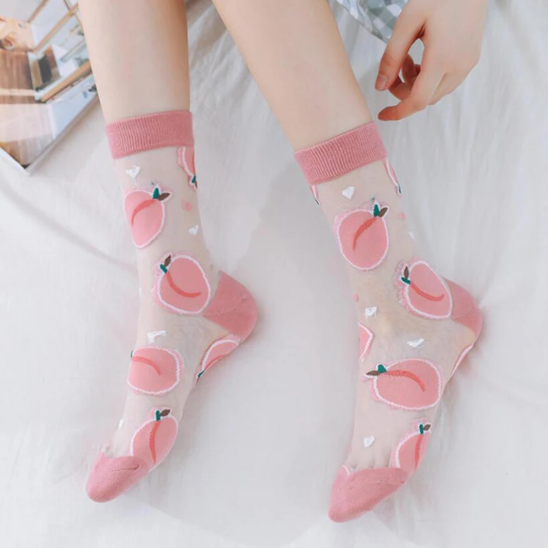 

1Pair Japanese Korea Style Socks Women's Casual Creative Transparent Silk Trend Fruit Print Ultrathin Glass Silk Socks